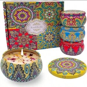 Mini mandala tin scented candles. New. Set of four.